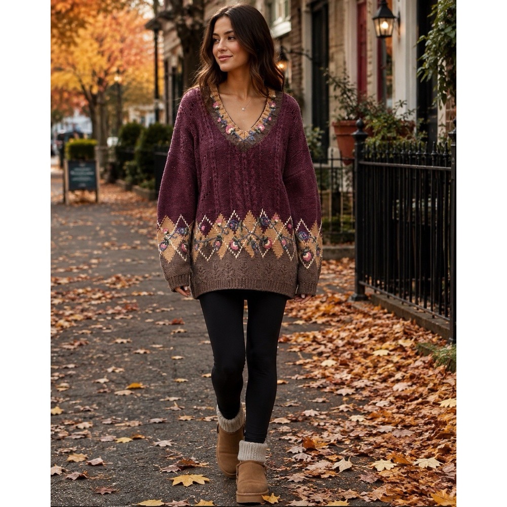 Vintage Cableknit Floral Academia Oversized Purple Sweater Small